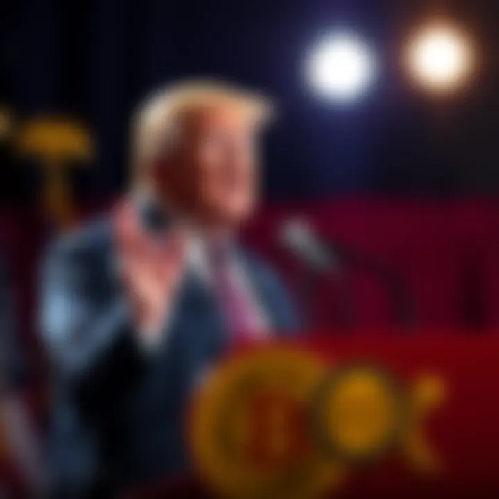 Donald Trump speaking at a podium about capital gains taxes on cryptocurrencies