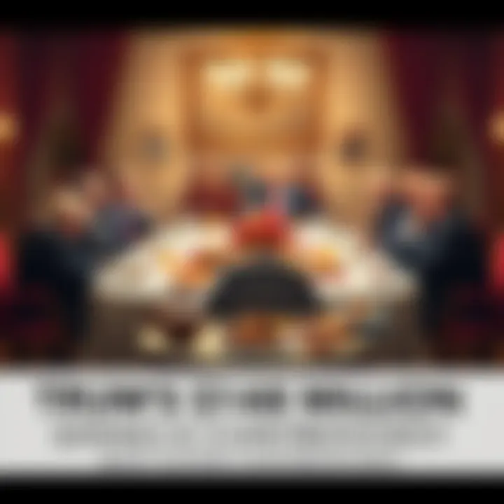 A lavish dinner table set with extravagant food and decorations, symbolizing the $148 million memecoin dinner hosted by Donald Trump, amidst a backdrop of worried politicians discussing corruption.