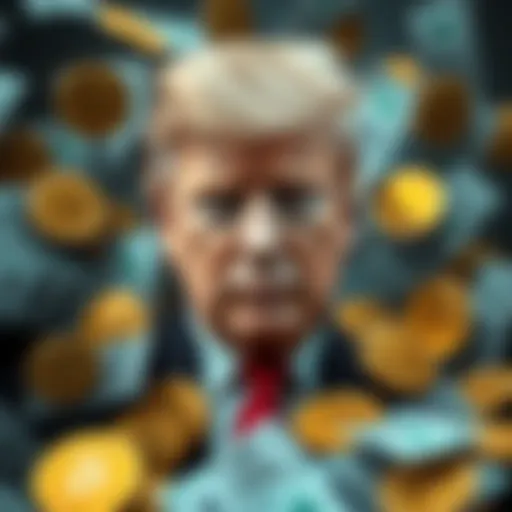 President Trump surrounded by dollar bills and Bitcoin symbols, highlighting a potential surge in cryptocurrency value by 2028.