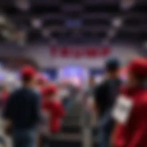 Supporters gather early at a venue for Trump's rally, holding signs and wearing merchandise