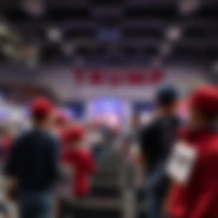 Supporters gather early at a venue for Trump's rally, holding signs and wearing merchandise
