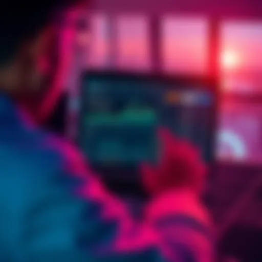 A person reviews the Nexo platform on a laptop, showing a financial dashboard and a blockchain graphic.