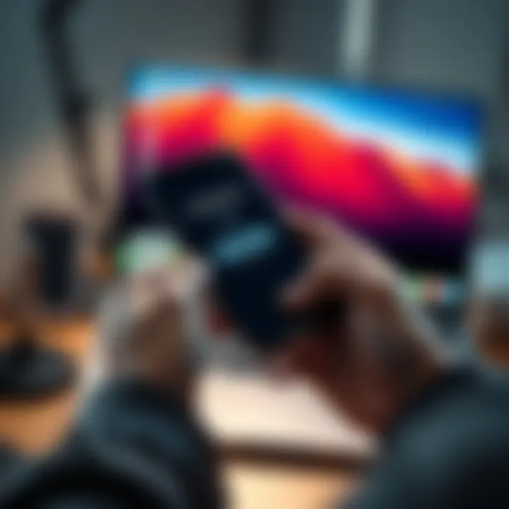 A person using a smartphone with an authenticator app open, showing a verification code on the screen. The background is a desk with a laptop, illustrating the setup process for 2FA security measures.