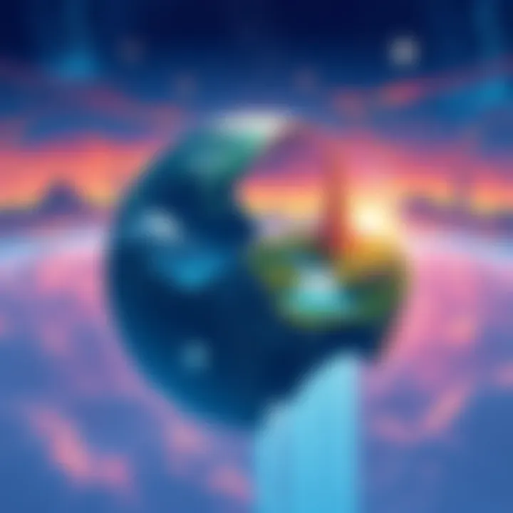 An illustration showing two distinct landscapes merging into one, symbolizing the relationship between two worlds.