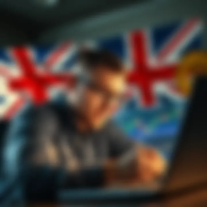 A stressed investor looks at cryptocurrency charts on a laptop with a UK flag and bank symbols in the background.