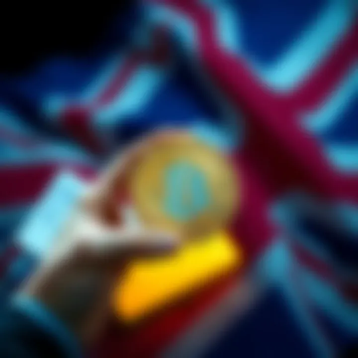 A visual representation of the UK government tackling cryptocurrency tax evasion, featuring a person holding a crypto coin and tax forms in the foreground, with the UK flag in the background.