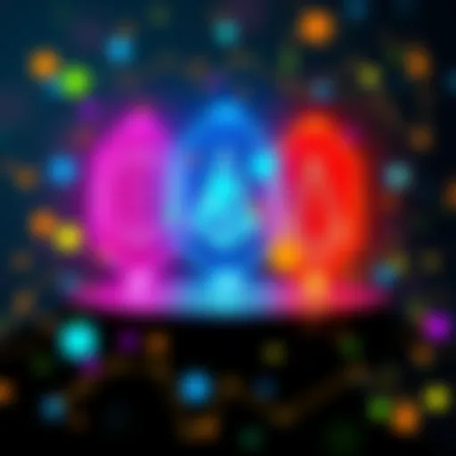 A digital representation of three unique blockchains symbolizing innovation and technology, with vibrant colors and abstract shapes.
