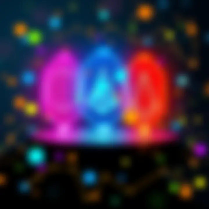 A digital representation of three unique blockchains symbolizing innovation and technology, with vibrant colors and abstract shapes.