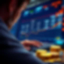 A person looks at a chart showing gas fees for cryptocurrency transactions, with coins and a calculator nearby.