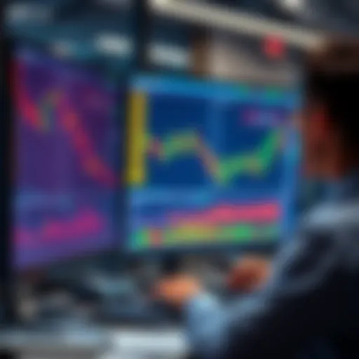 A person analyzing profit and loss charts on a computer screen, surrounded by trading tools and data