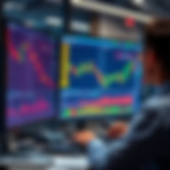 A person analyzing profit and loss charts on a computer screen, surrounded by trading tools and data