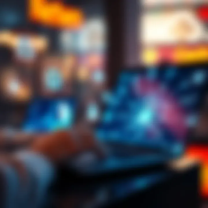 A person using a laptop with digital icons representing network protocols on the screen.