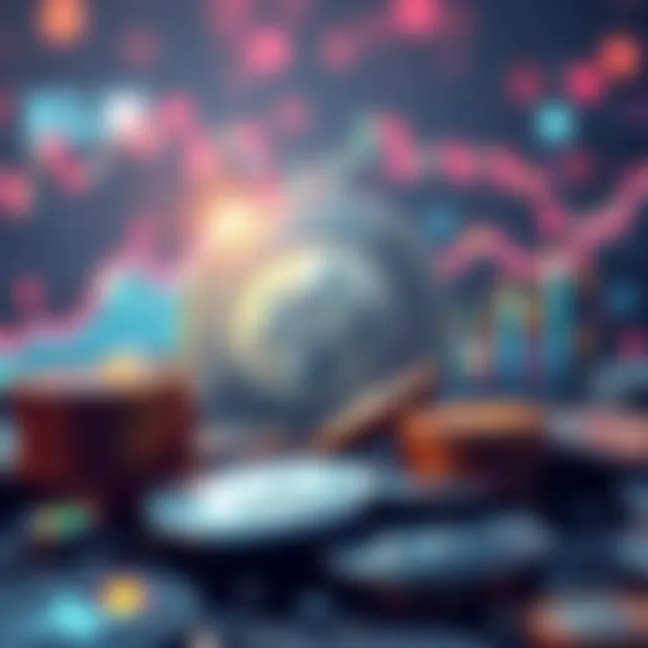 A visual representation of XLM cryptocurrency with its logo and symbols of investment like growth charts and coins.