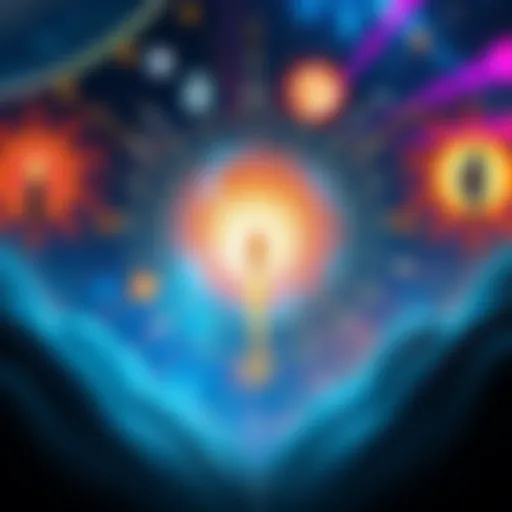 An artistic representation of Unicosm merging spirituality and science, showing symbols of awareness and connection in a cosmic setting.