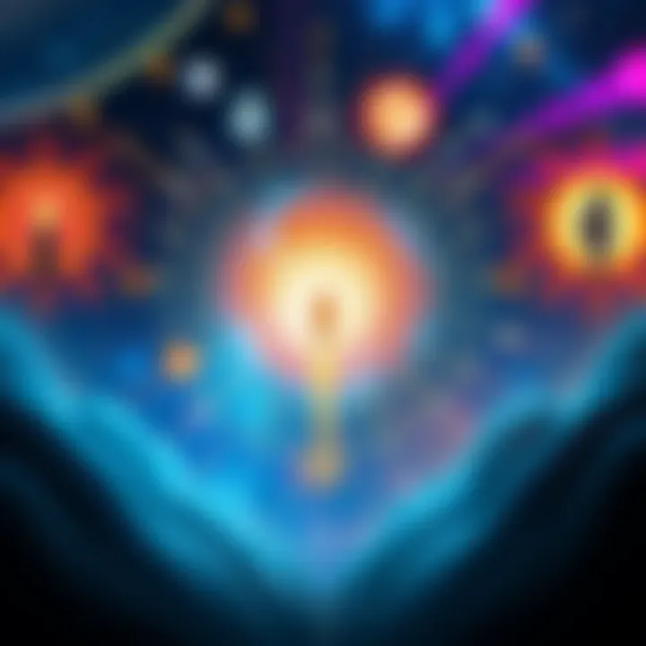 An artistic representation of Unicosm merging spirituality and science, showing symbols of awareness and connection in a cosmic setting.