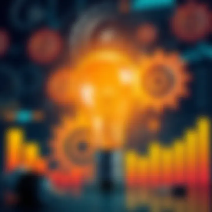 A light bulb symbolizing an innovative idea, surrounded by gears and charts representing potential applications and impact.