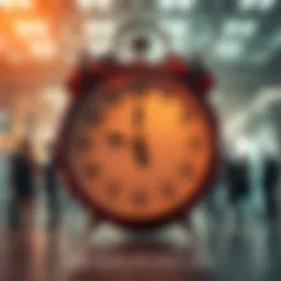 A clock ticking down, symbolizing the urgency to act quickly before time runs out, with business people discussing in the background.