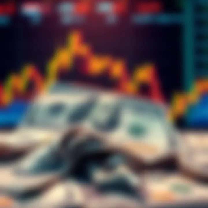 A visual representation of the U.S. dollar's fall against a backdrop of financial graphs and declining market indicators.