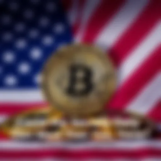A representation of Bitcoin coins with a US flag background, symbolizing government control of Bitcoin assets