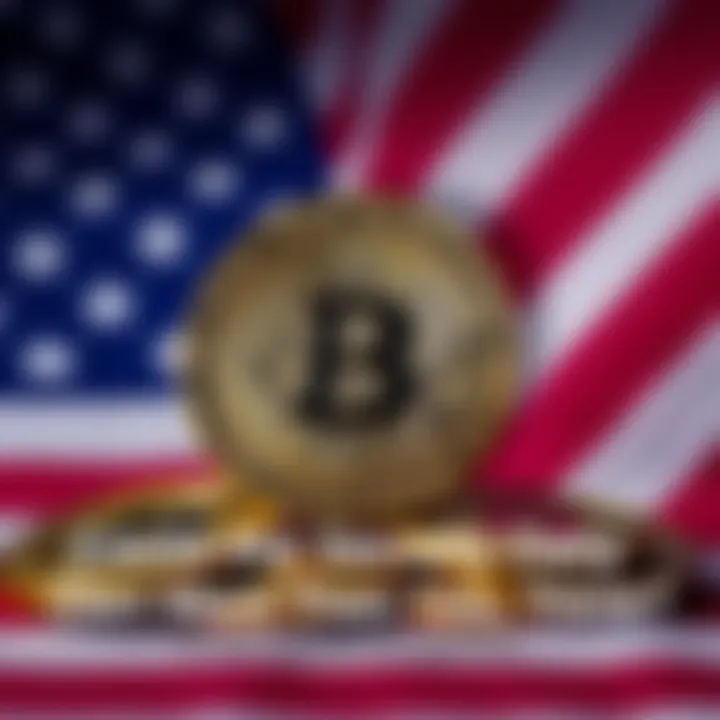 A representation of Bitcoin coins with a US flag background, symbolizing government control of Bitcoin assets