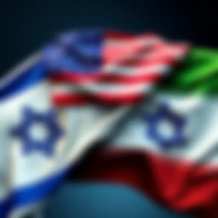 An illustration showing the U.S. flag overlapping with Israeli and Iranian flags, symbolizing the conflict and its potential impact on cryptocurrencies.