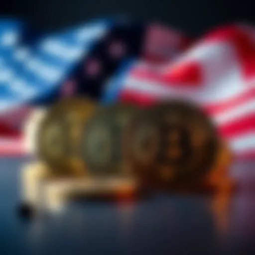 Graphic showing Bitcoin symbols with the US flag in the background, representing the US Government's investment in cryptocurrency.