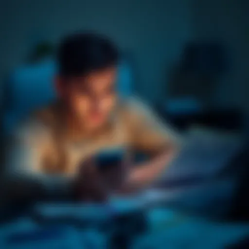 A person looking worried while checking their phone, with bills and financial papers scattered on a desk