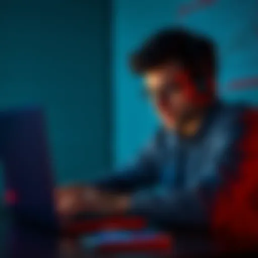 A person looking stressed while trying to access their account on a laptop, showing signs of desperation after being hacked