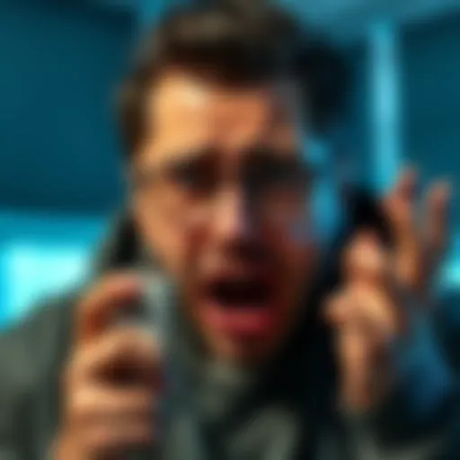 A distressed cryptocurrency user shows shock and frustration after losing $70,000 in a phishing scam, representing the emotional impact of financial loss.