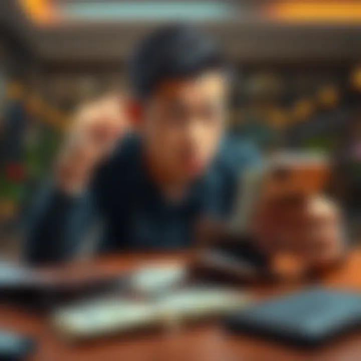 A person looking distressed while checking their bank account on a phone, with a worried expression and an empty wallet on the table