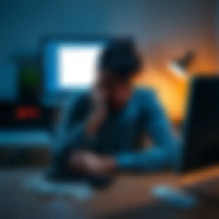 A frustrated user sitting at a desk looking at a computer screen displaying an error message related to crypto account access, with bills and a calculator beside them.