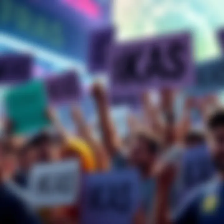 A group of excited people holding signs demanding Coinbase list $KAS, with a digital currency background.