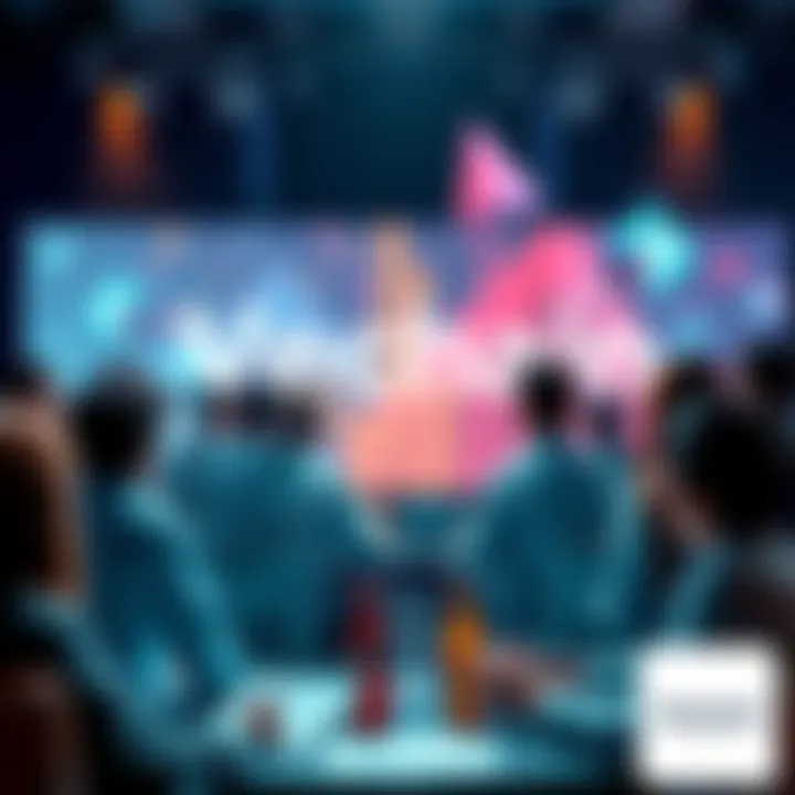 People participating in a Vechain community discussion with blockchain graphics in the background