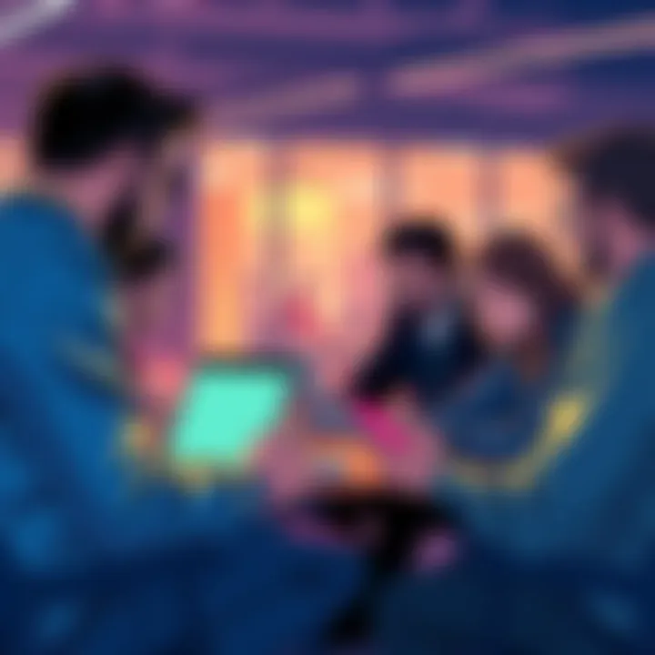People engaging in a discussion about Vechain updates with laptops and smartphones