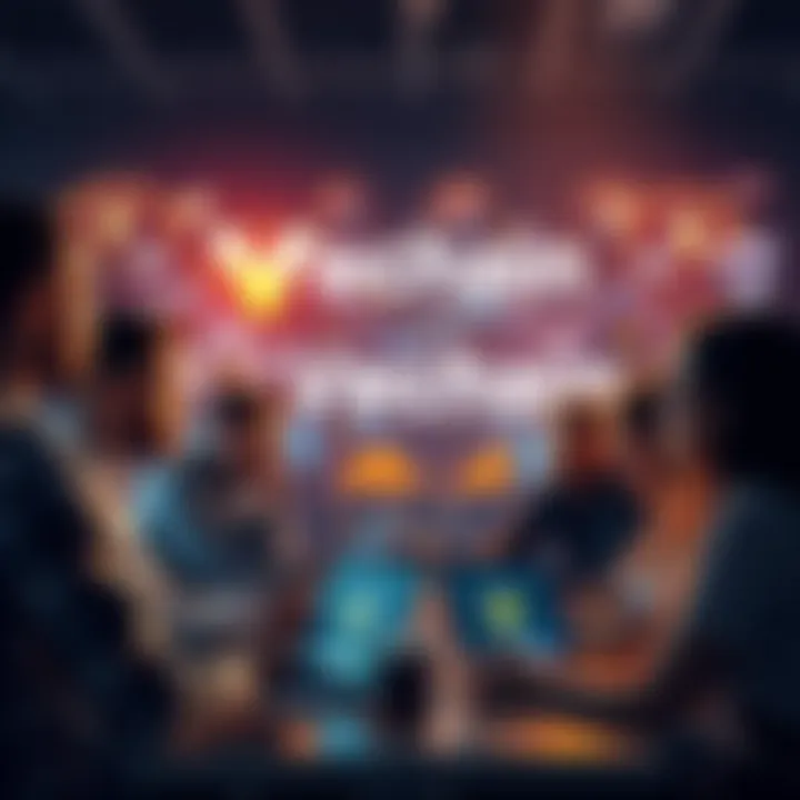 A group of people engaging in a discussion about Vechain, with laptops and blockchain graphics in the background.