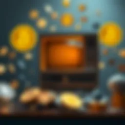 A vintage desktop computer surrounded by cryptocurrency icons like Bitcoin and Ethereum, showing the connection between old tech and modern digital currency.