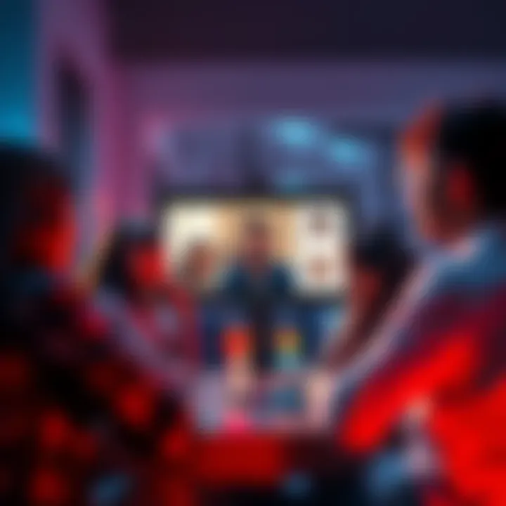 People engaging in a group video chat using Vooz's new Hangout feature with symbols for audio, video, and text interactions.