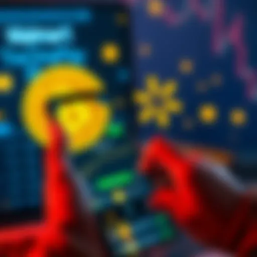 A person using Walmart's OnePay app to trade Bitcoin and Ether on a smartphone, with cryptocurrency symbols in the background.