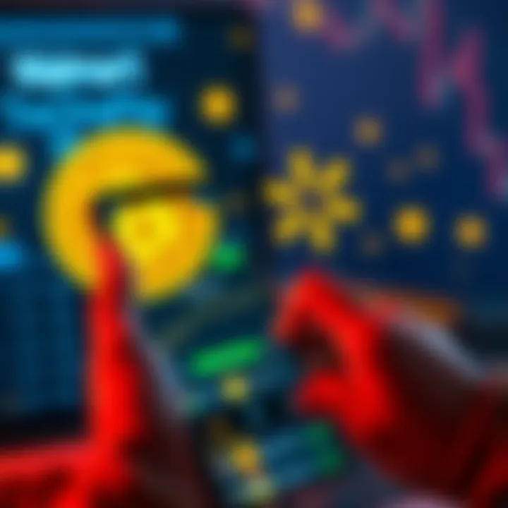 A person using Walmart's OnePay app to trade Bitcoin and Ether on a smartphone, with cryptocurrency symbols in the background.