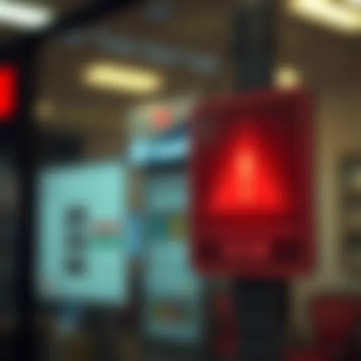 A warning sign with a red alert symbol indicating a scam alert, capturing attention to online fraud awareness.