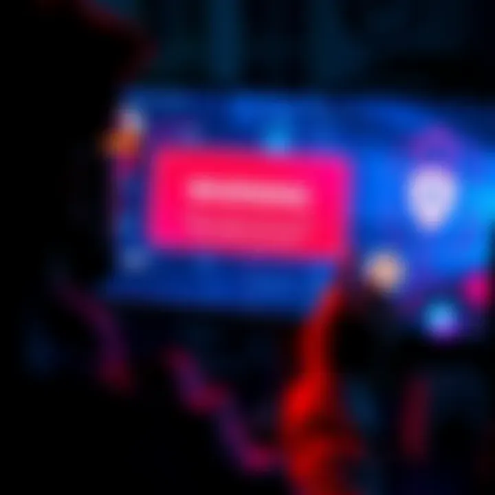 A person looking at a computer screen displaying a warning about scam activity, surrounded by icons representing security and protection.
