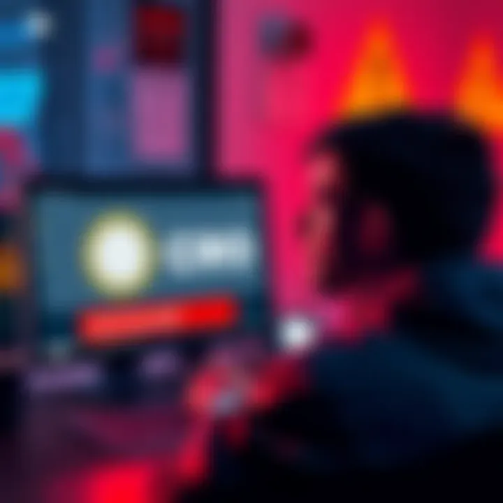 A concerned person looking at a computer screen displaying Crypto.com and the $CRO logo, with warning signs in the background