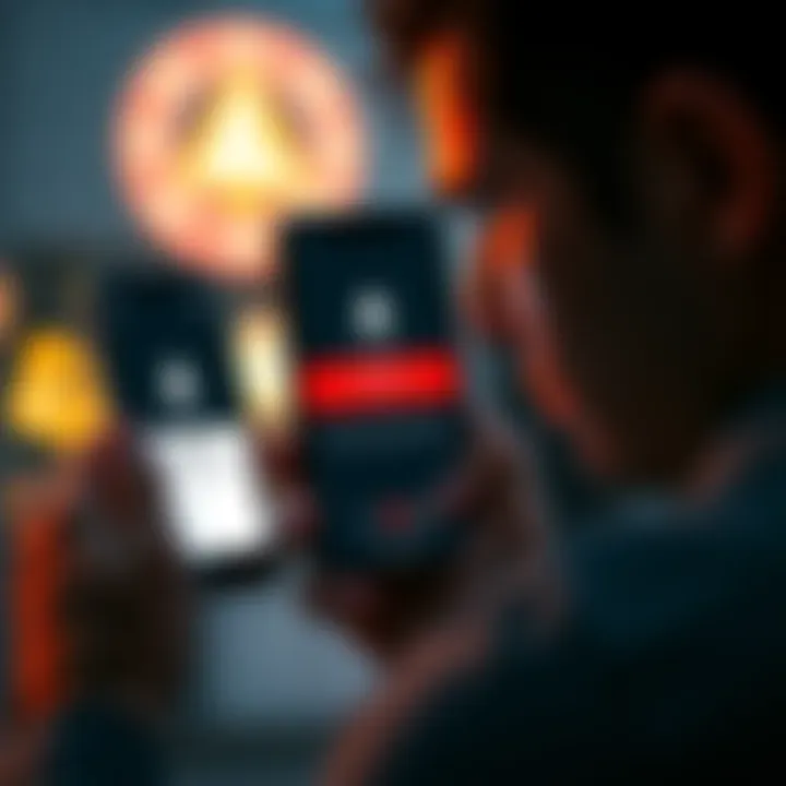 A frustrated person looking at a smartphone showing a MyMonero wallet interface with an error message, symbolizing lost funds.