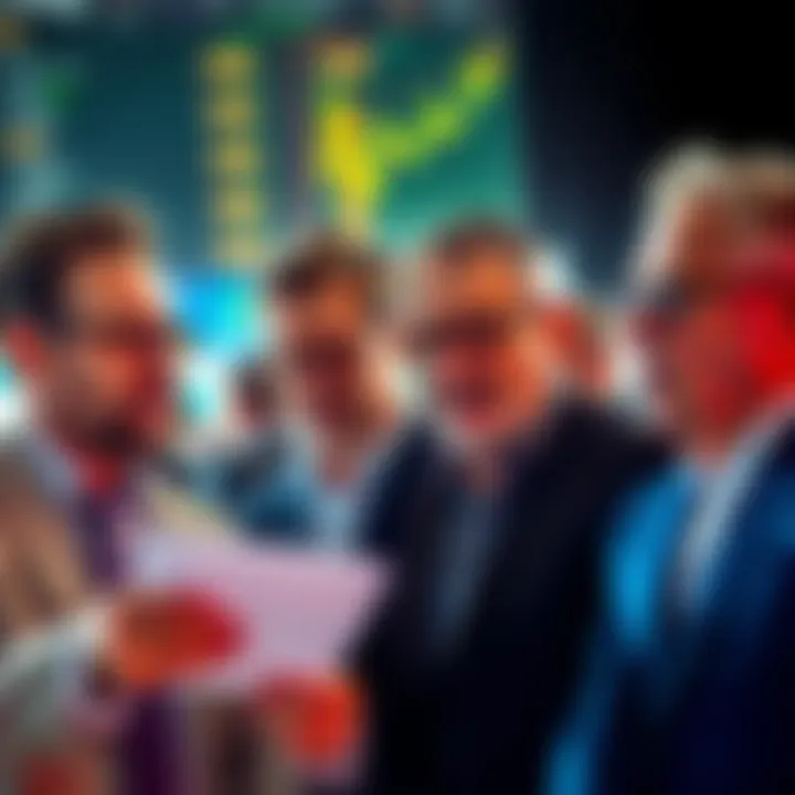 A group of wealthy investors analyzing market trends with expressions of concern, showing their impact on market sentiment.