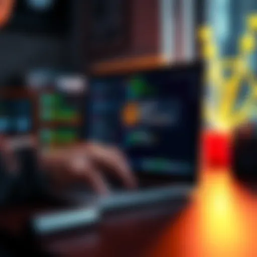 A developer typing simple prompts on a laptop, generating decentralized applications on the screen, with colorful graphics representing technology and creativity around.
