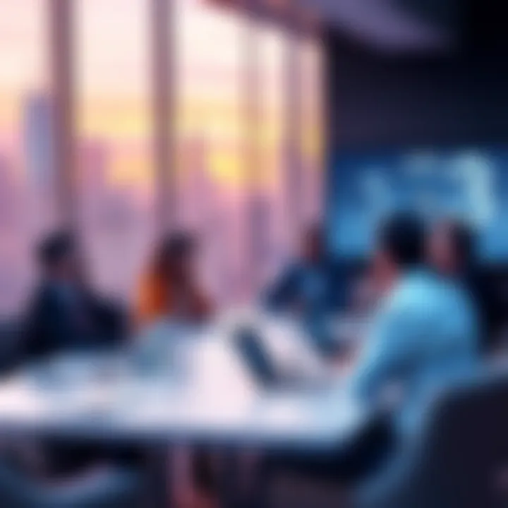 A group of people discussing Web3 technology and real estate investment at a conference table in NYC, with digital assets visuals in the background.