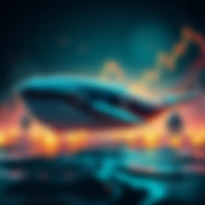 A graphic showing a large whale symbolizing significant cryptocurrency purchases, with Ethereum logos and a rising market chart in the background.