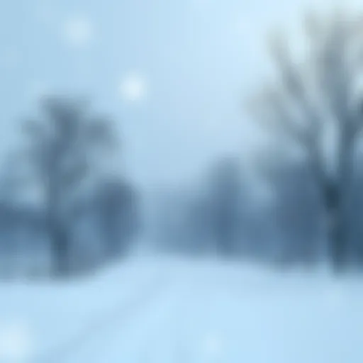 A snowy landscape with falling snowflakes and bare trees in a chilly setting