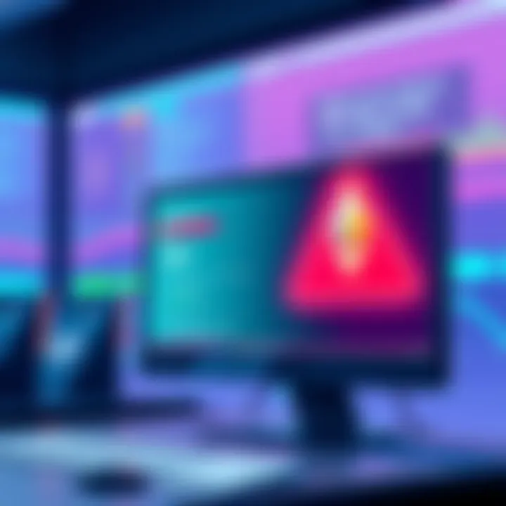A digital illustration showing a computer screen with a warning sign, symbolizing Ethereum scams being targeted by CrimeEnjoyor.