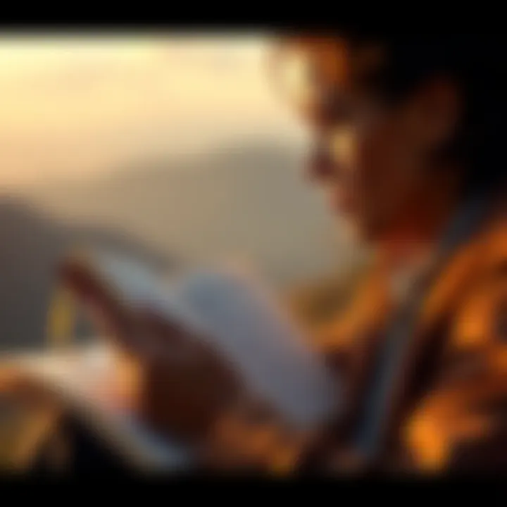 A person reflecting on a book about wisdom, surrounded by nature, symbolizing thoughtful decision-making.